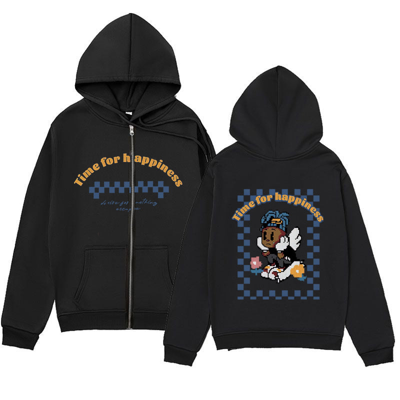 Playful Melancholic Child Print Zip-Up Hoodie