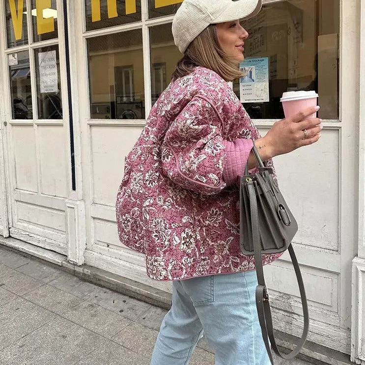 Harajuku Style Elegant Printed Quilted Coat for Women