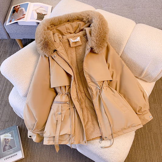 Trendy Down Cotton Jacket with Luxe Fur Hood