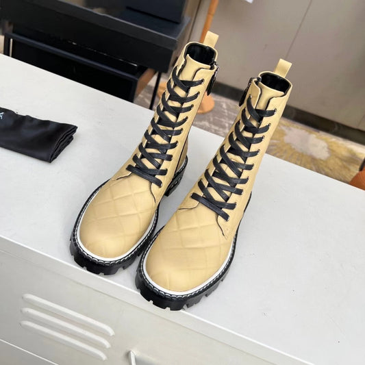 Harajuku Style Real Leather Low Heel Boots in Silvery Yellow