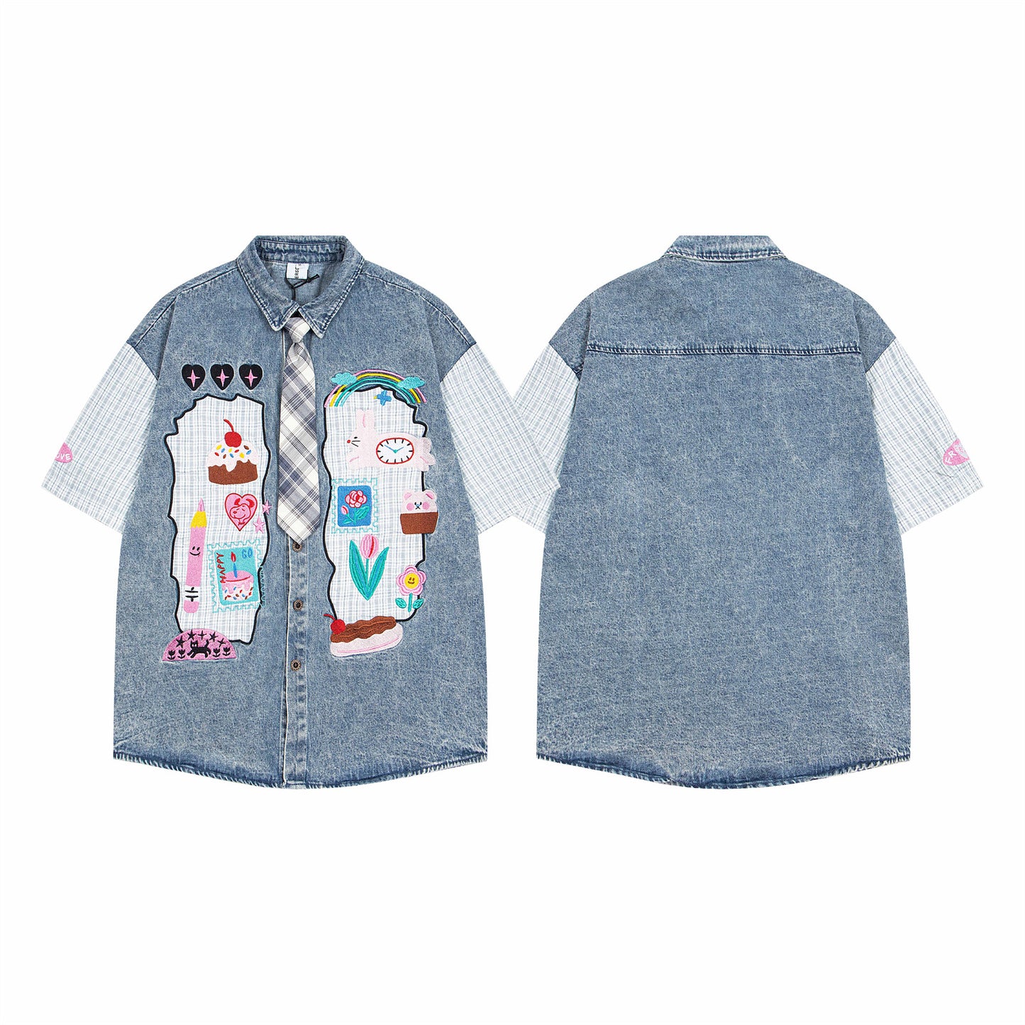Playful Cartoon Denim Collar Shirt for Men & Women