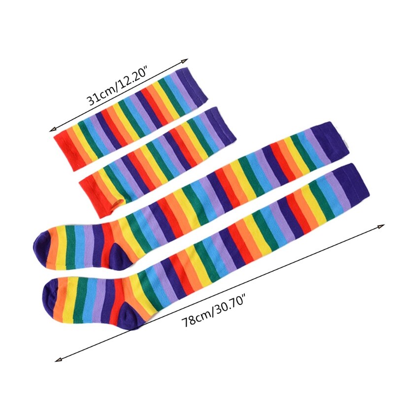 Harajuku Rainbow Striped Thigh High Socks & Fingerless Gloves Set