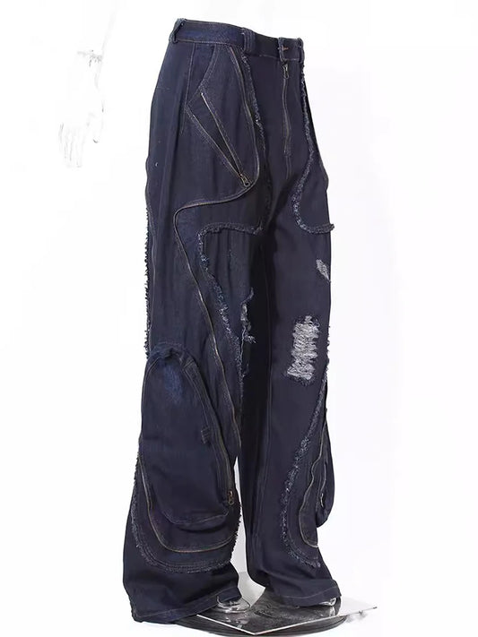 Playful High Waist Navy Blue Wide Leg Jeans with Zipper Pockets