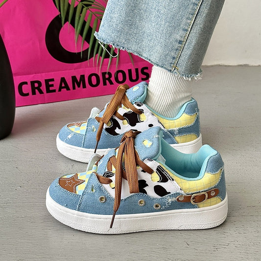 Harajuku Cow Pattern Denim Canvas Shoes