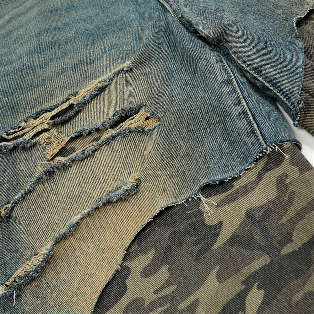 Men's Distressed Patchwork Camouflage Denim Shorts