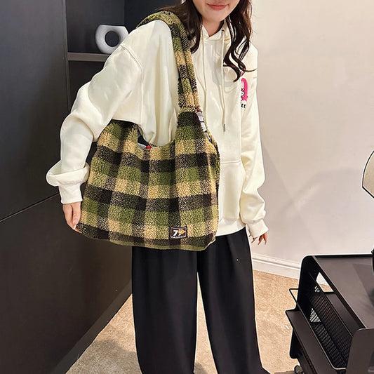 Harajuku Style Plush Lamb Wool Handbag - Vintage Tote