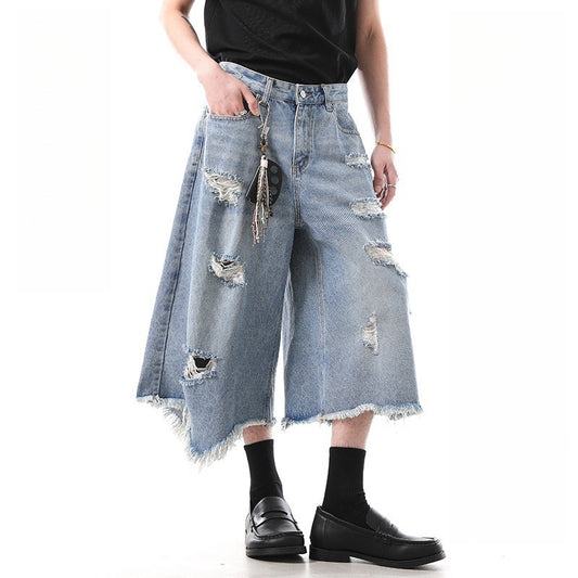 Playful Irregular Tassel Ripped Cropped Pants