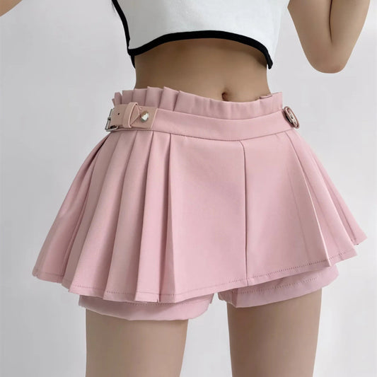A-Line Mini Skirt with Belted Pleats for Women in Solid Colors