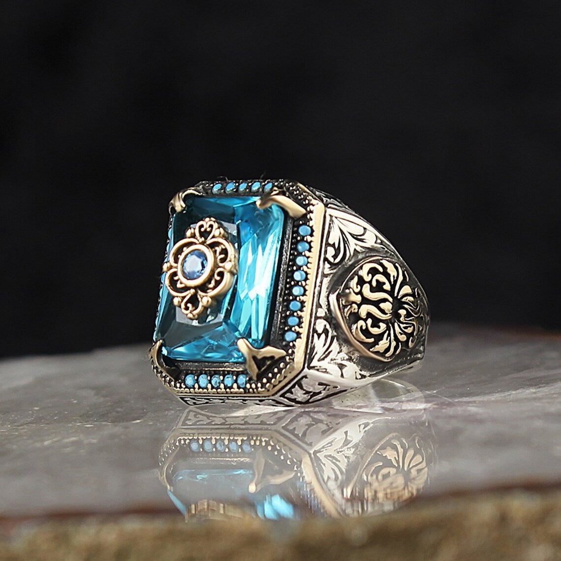 Vintage Tribal Texture Aquamarine Zircon Ring