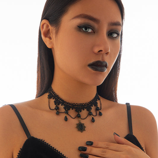 Spooky Lace Spider Web Necklace for Halloween