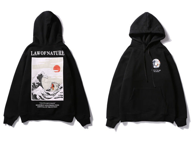Funny Cat Wave Printed Fleece Hoodie - Harajuku Style