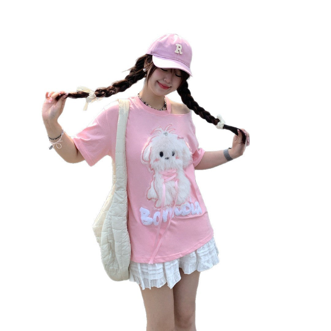 Playful Plush Dog Off-Shoulder Tee for Women