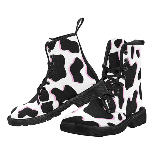 Black and Pink Cow Pattern Women's Lace Up Canvas Boots