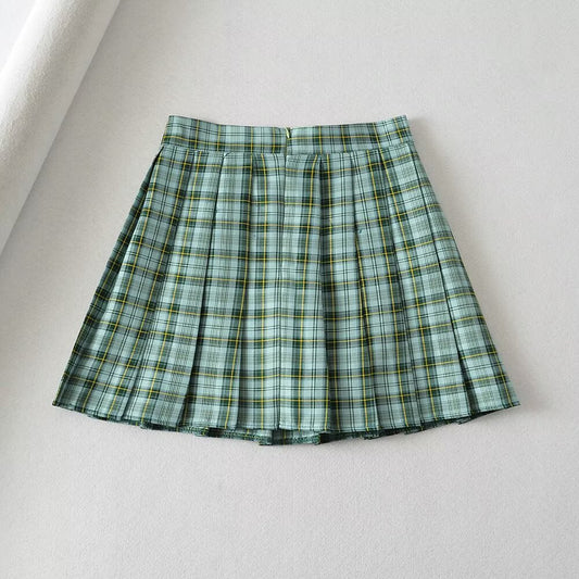 High-Waisted Checkered Midi Skirt with Black A-Line Design