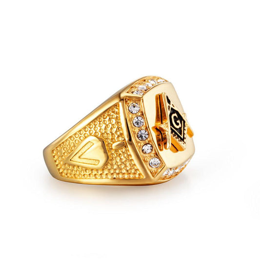 Vintage Masonic Gold Color Crystal Ring for Men