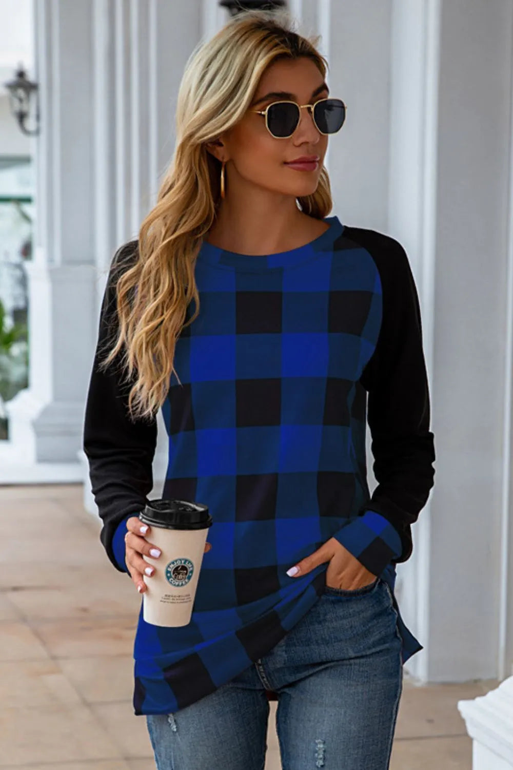 Harajuku Plaid Round Neck Long Sleeve T-Shirt