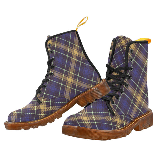 Dark Blue Plaid Women's Lace Up Canvas Boots