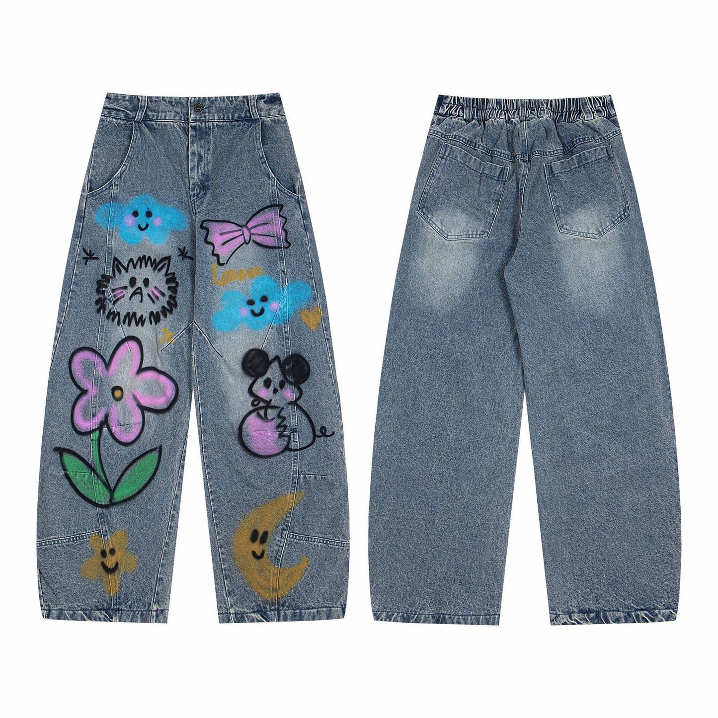 Playful Cartoon Graffiti Wide Leg Jeans