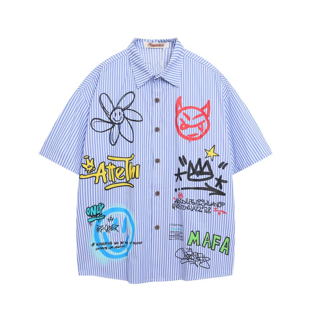 Hip Hop Street Heavy-Duty Graffiti Striped Shirt