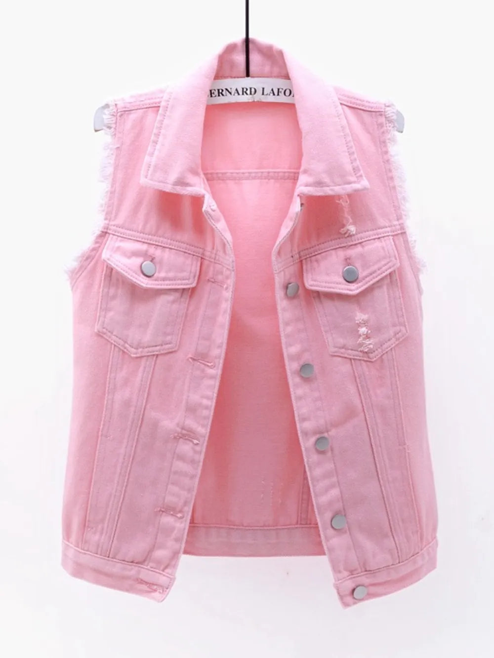Button Down Raw Hem Sleeveless Denim Jacket Plus Size