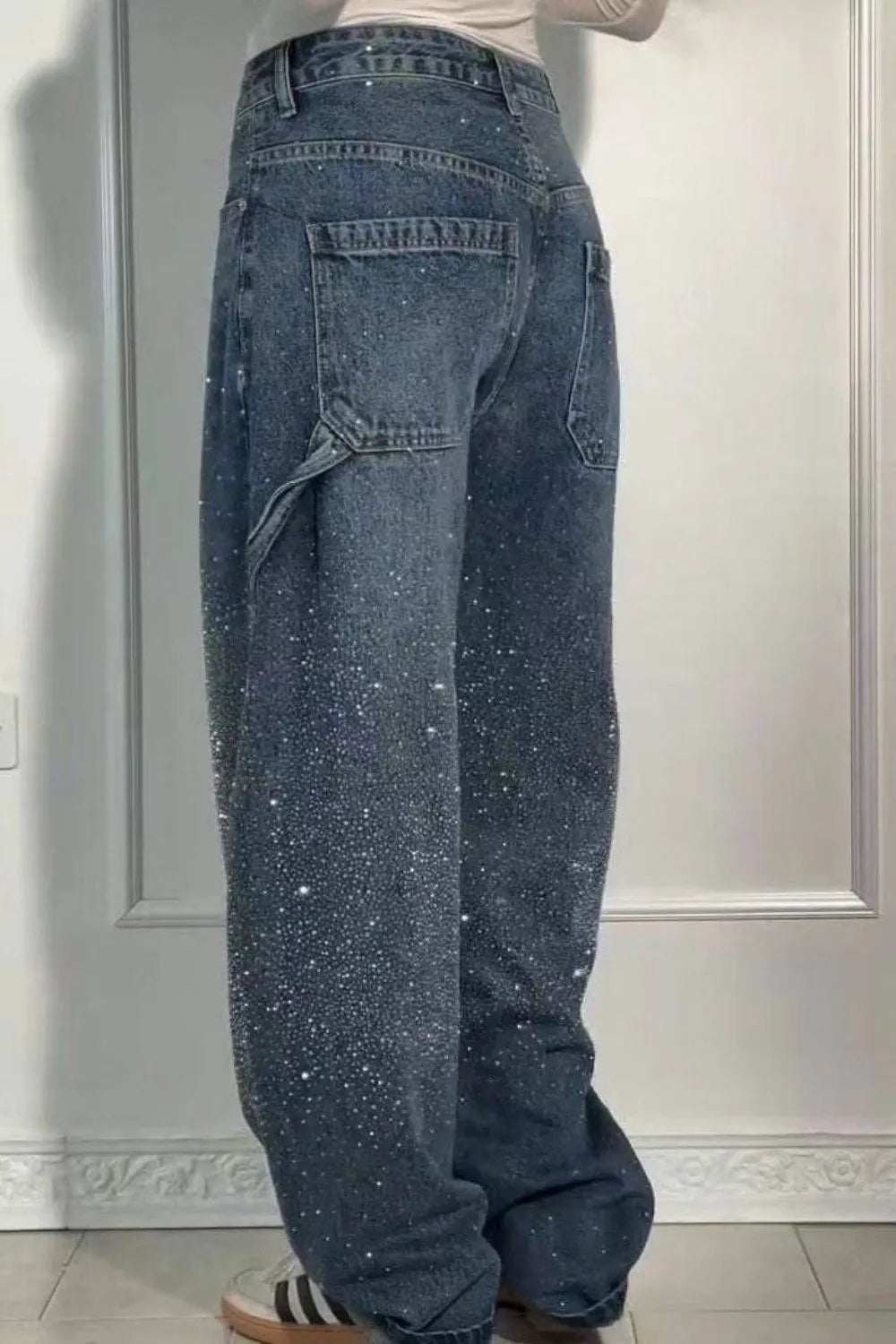 Plus Size Washed Rhinestone Detail Wide Leg Jeans