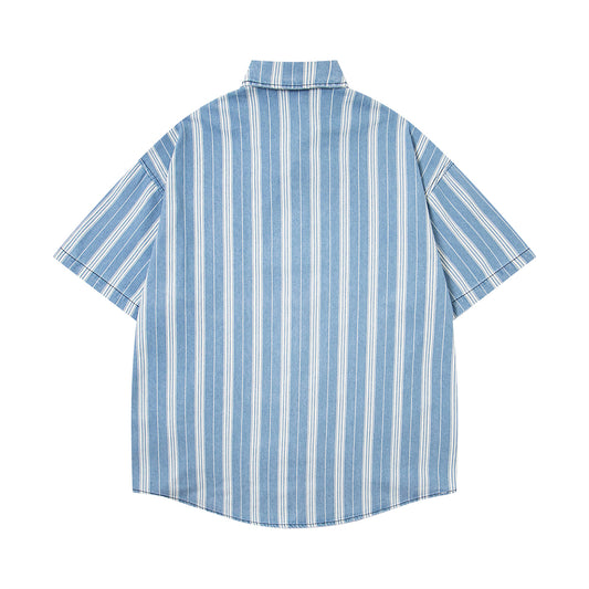 Retro Cartoon Embroidery Striped Denim Shirt
