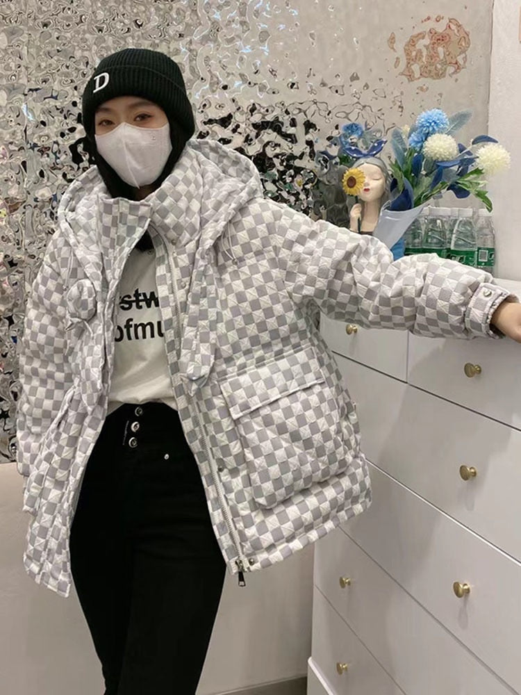 Korean Plaid Down Jacket for Women - Stylish Winter Puffer