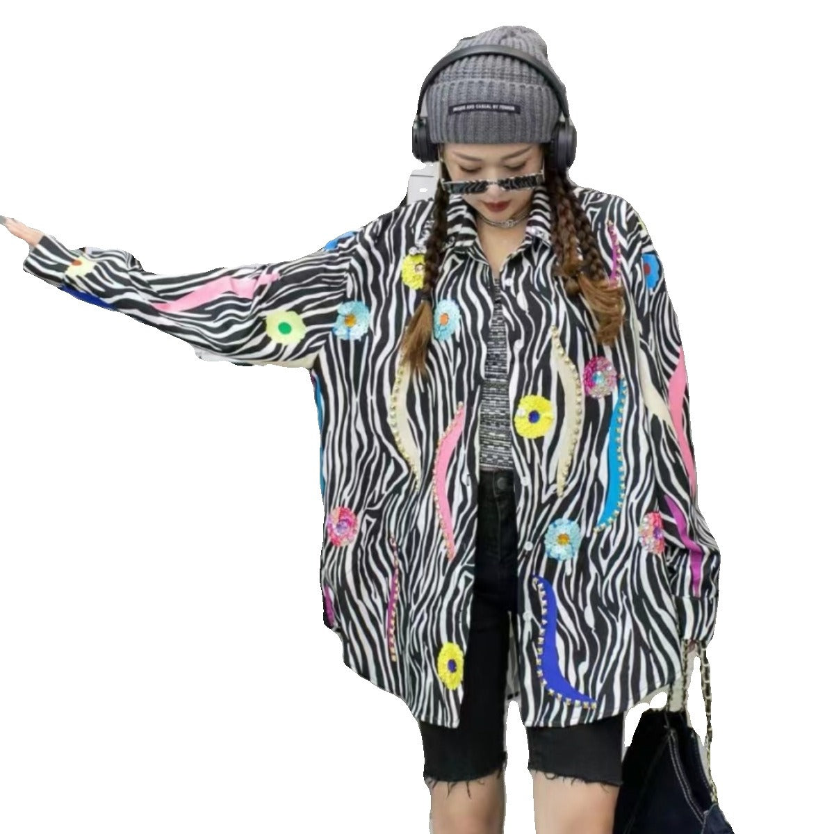 Playful Leopard Print Long-Sleeved Denim Shirt