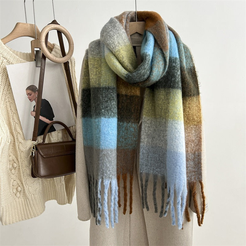 Harajuku-Inspired Mohair Plaid Scarf with Tassels