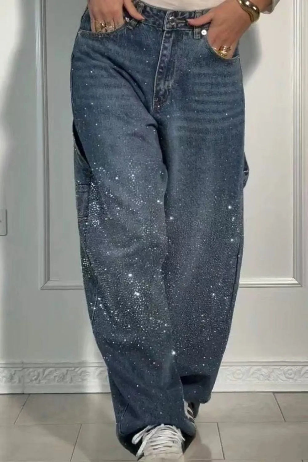 Plus Size Washed Rhinestone Detail Wide Leg Jeans