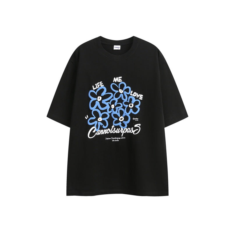 Harajuku Style Flower Print Loose T-Shirt for Men and Women