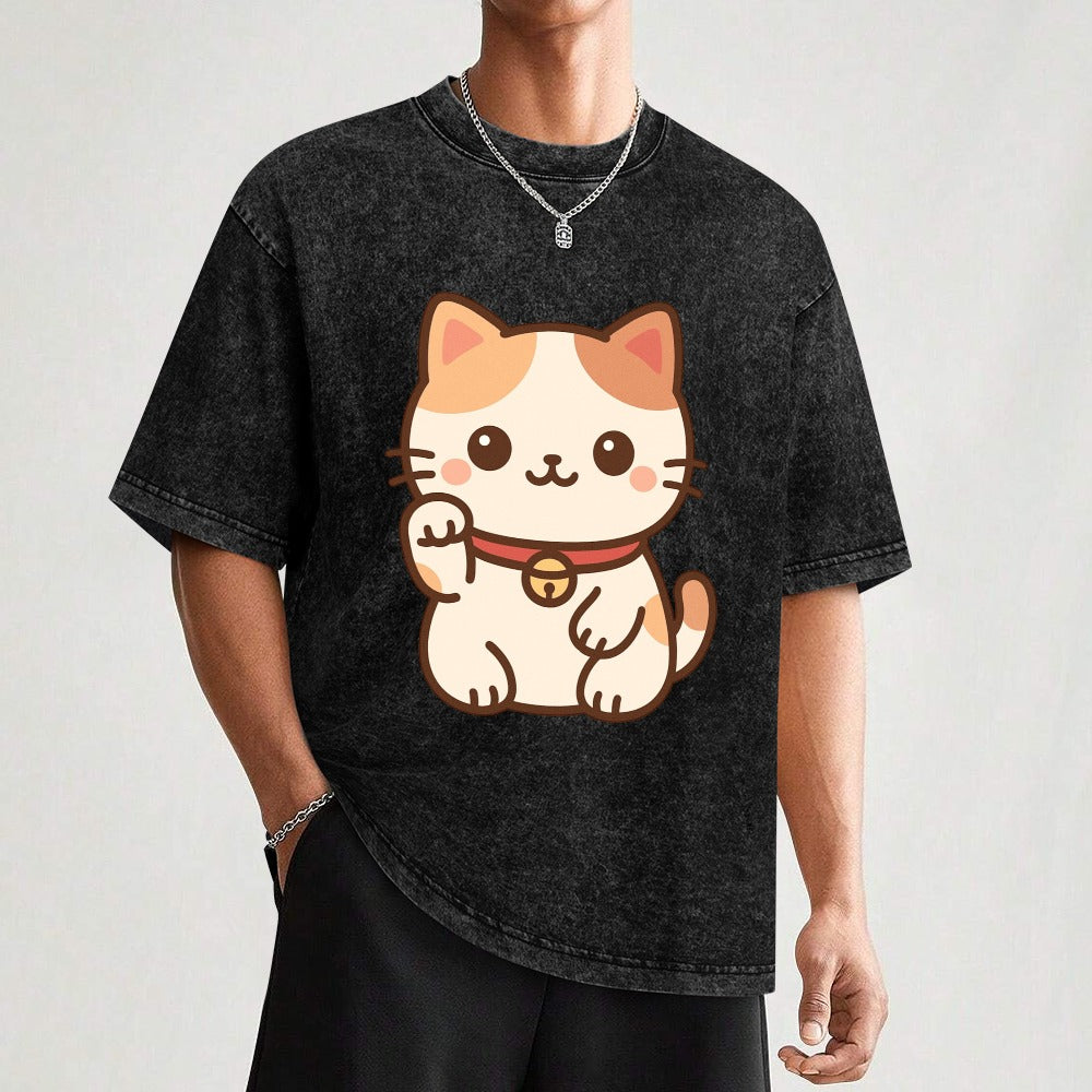 Kawaii Japanese Cat Vintage Wash Off Shoulder T-Shirt