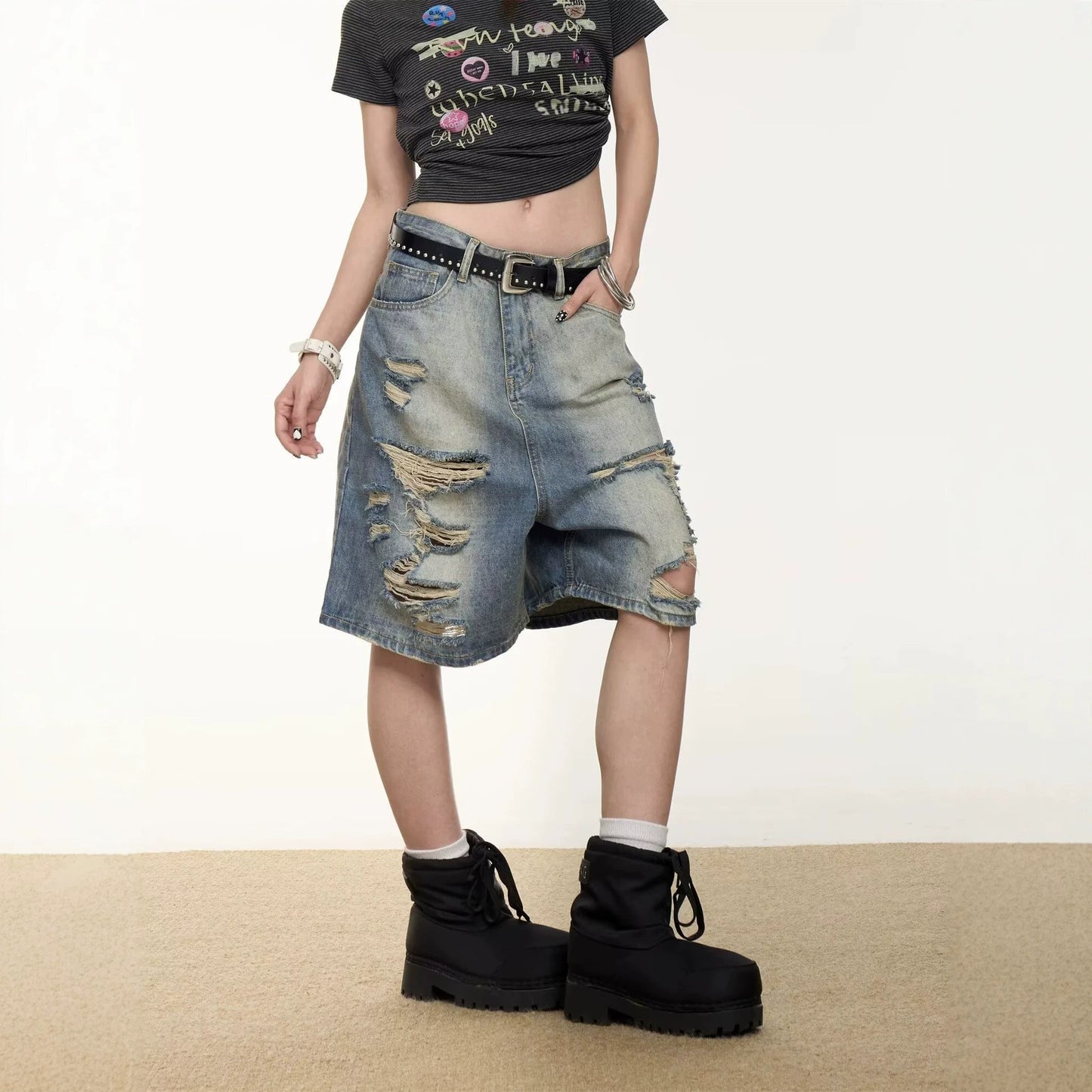 Retro Washed Distressed Denim Cropped Pants — Unisex Loose Wide Leg Shorts