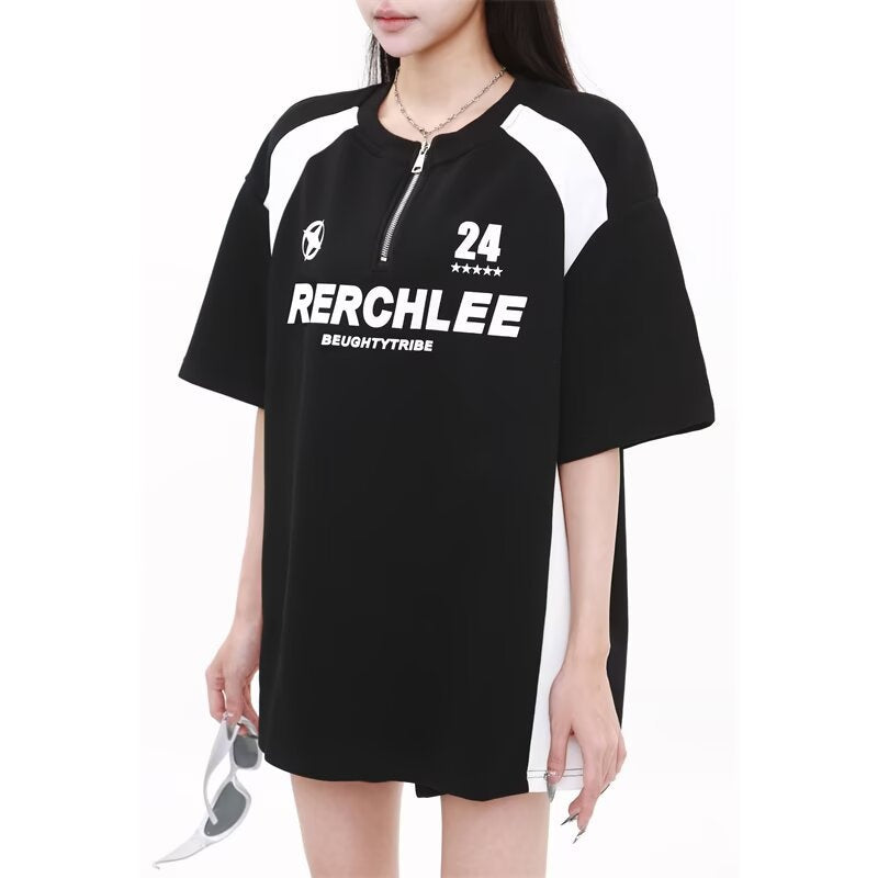 Black and White Spliced Letter Half-Zipper Motorcycle Shirt