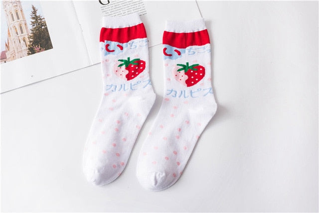 Kawaii Strawberry Milk Socks - Harajuku Pink & White Women’s Socks