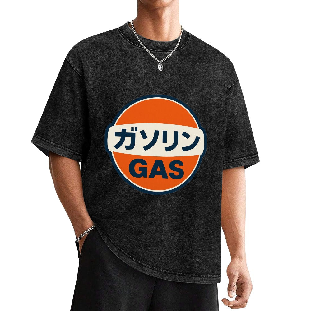 Japanese Gas Station Logo Vintage Wash Off Shoulder Tee