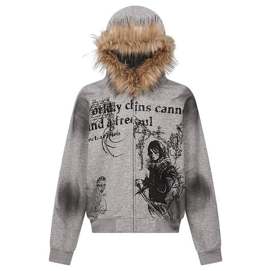 Printed Fur Collar Hoodie Top Dark Jacket