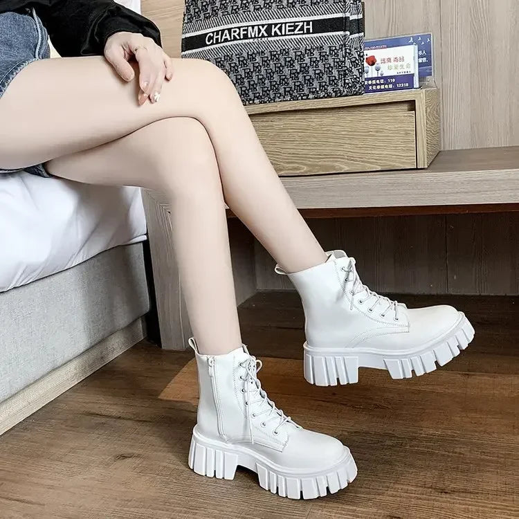 Playful Chunky Platform White Ankle Boots for Women