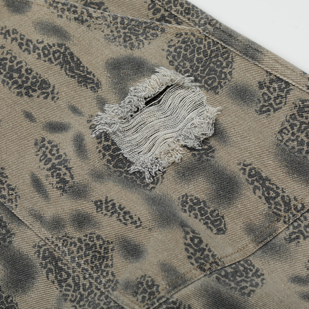 Leopard Print Distressed Cargo Shorts for Men