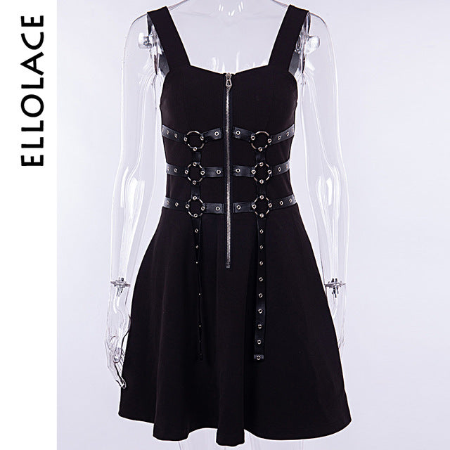Harajuku Style Black Eyelet Mini Dress for Women