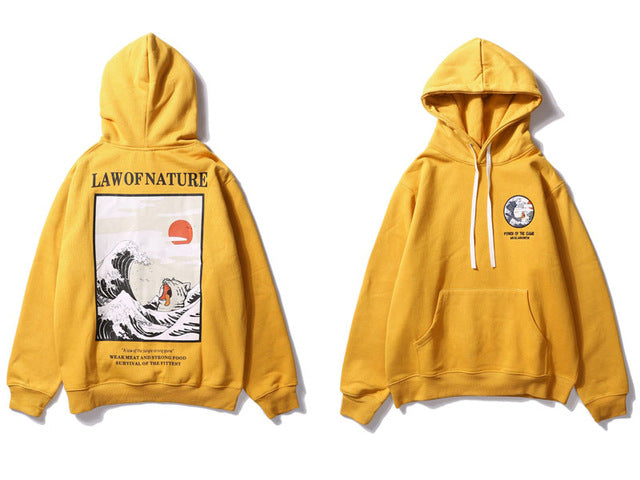 Funny Cat Wave Printed Fleece Hoodie - Harajuku Style