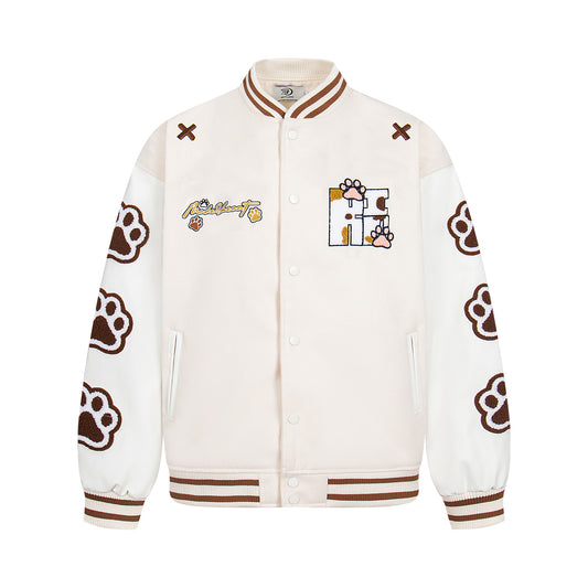 Retro Cute Dog Paw Embroidery Baseball Jacket