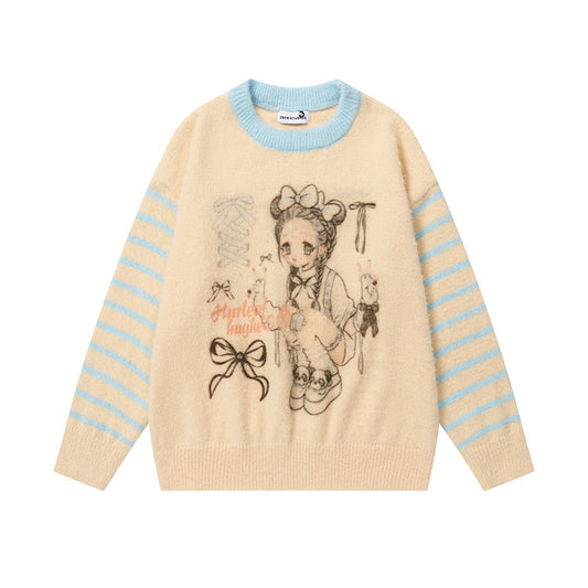 Color-block Striped Sweater Women Loose Lazy Fit Pullover Knitwear