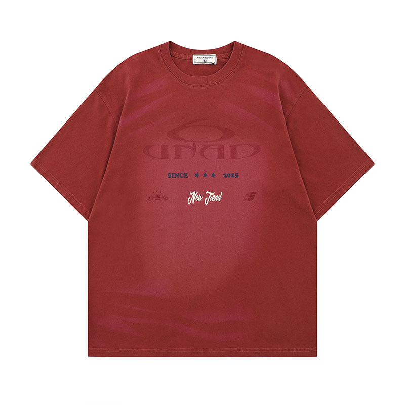 Water Washed Faded Spray Color Letter Cotton T-Shirt