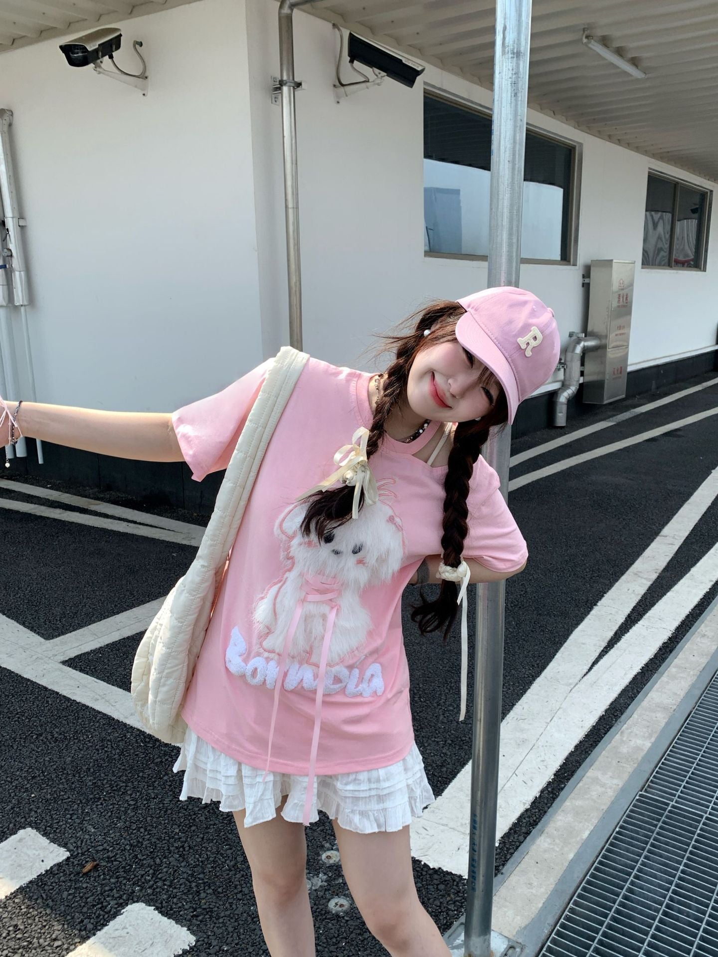 Playful Plush Dog Off-Shoulder Tee for Women