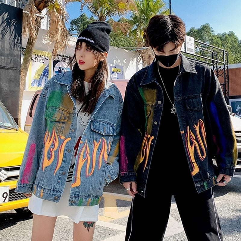 Vintage Hand Painted Graffiti Print Denim Jacket
