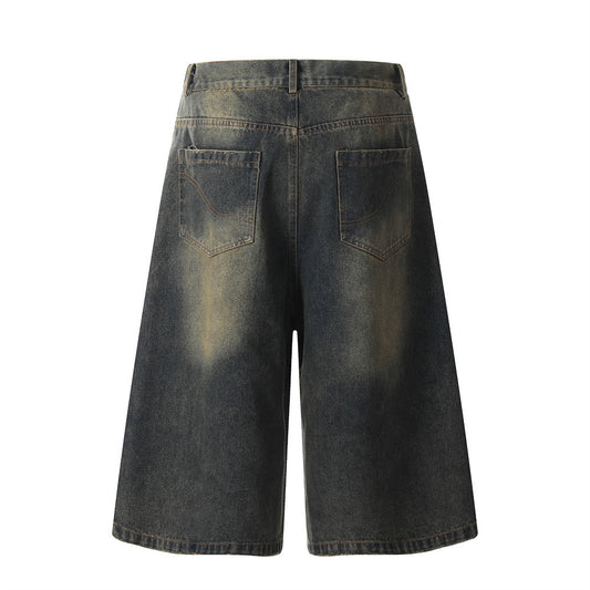 Retro Distressed Denim Three-Quarter Pants for Men
