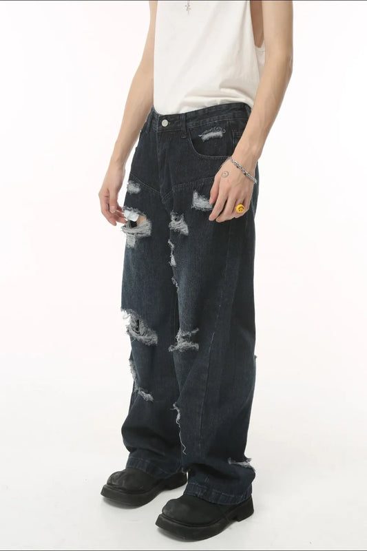 Distressed Wide Leg Pocketed Men's Jeans - Harajuku Style