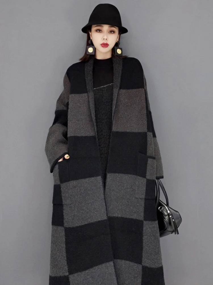 Vintage Plaid Knitting Trench Coat for Women