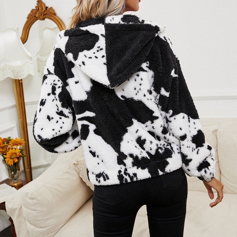 Playful Cow Print Hooded Cardigan
